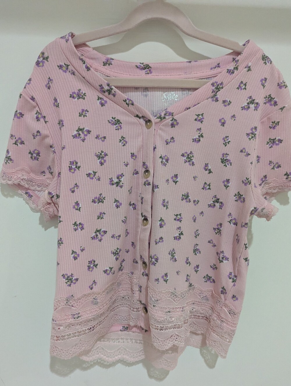 Justice Pink Floral Lace-Trim Button Front Shirt